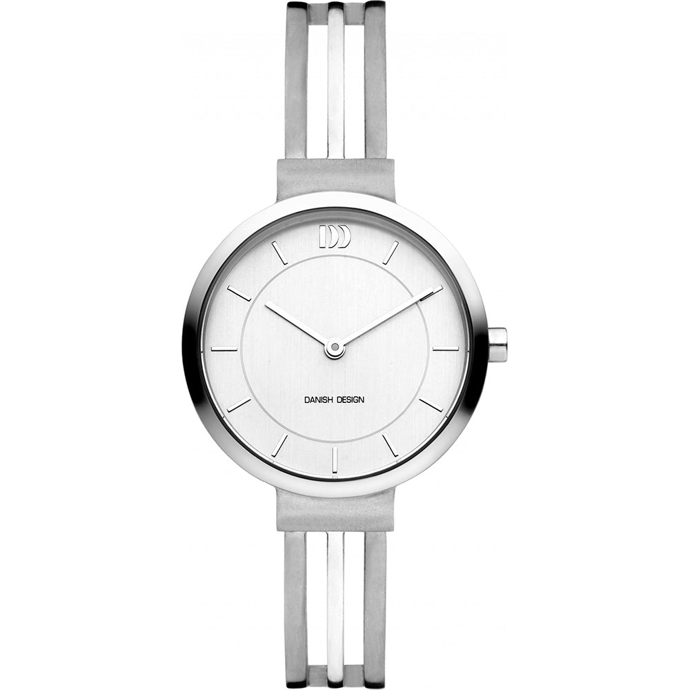 Reloj de esfera blanca con correa metálica plateada y diseño minimalista de tres tiras.