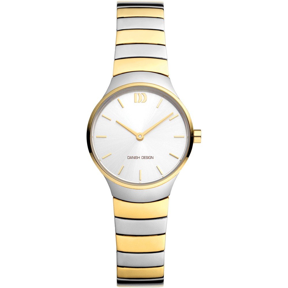 Reloj de acero inoxidable con esfera plateada y correa bicolor dorada y plateada.