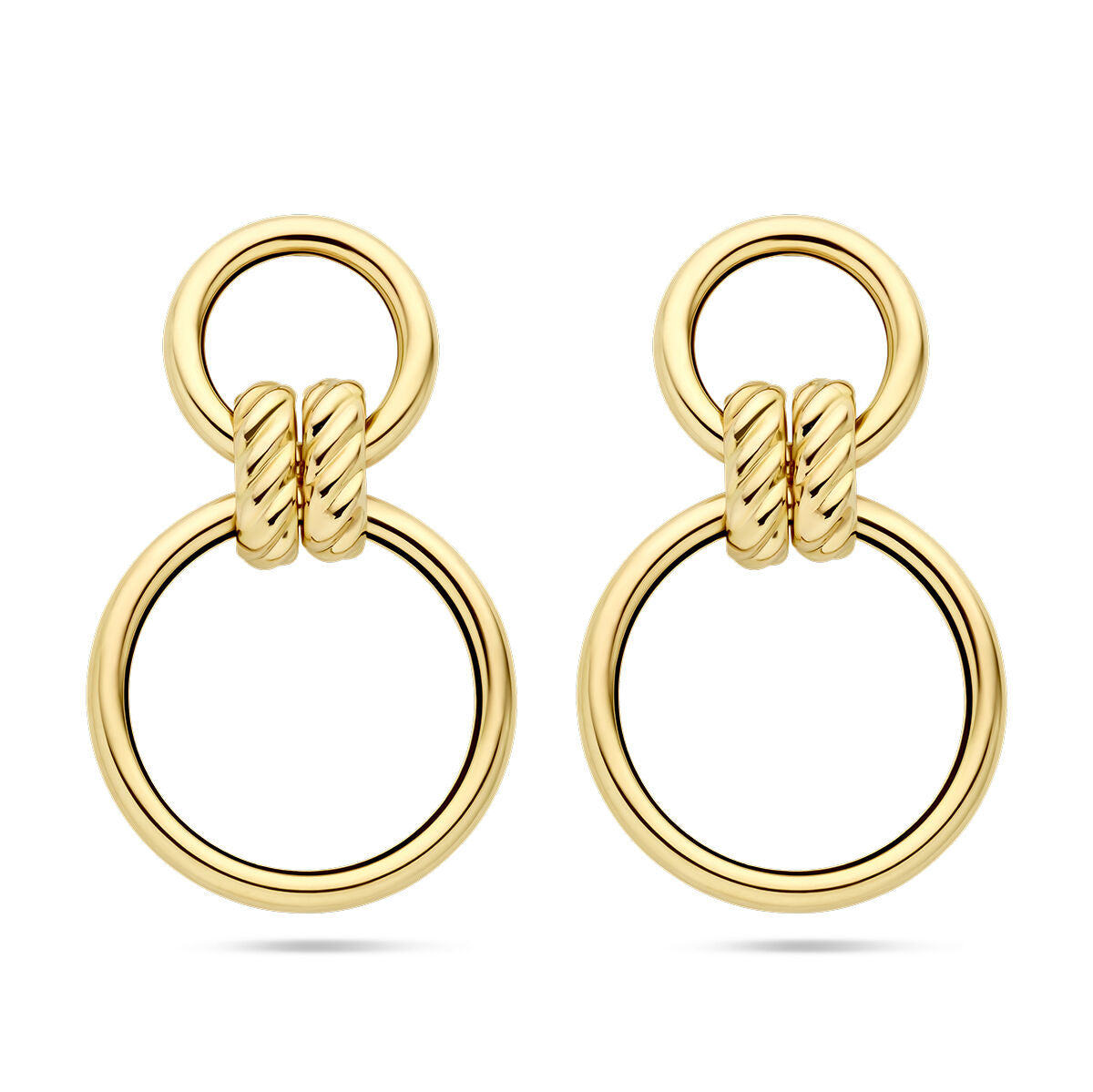 Pendientes largos de círculos en oro amarillo de 14 quilates con detalle trenzado.
