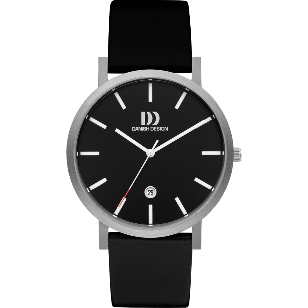 Reloj de esfera negra con correa de silicona negra y caja plateada.