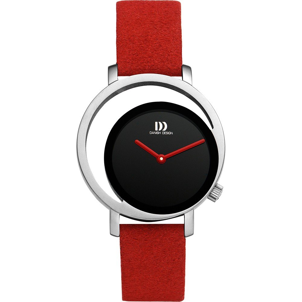 Reloj de mujer con esfera negra, correa de ante roja y detalles plateados.