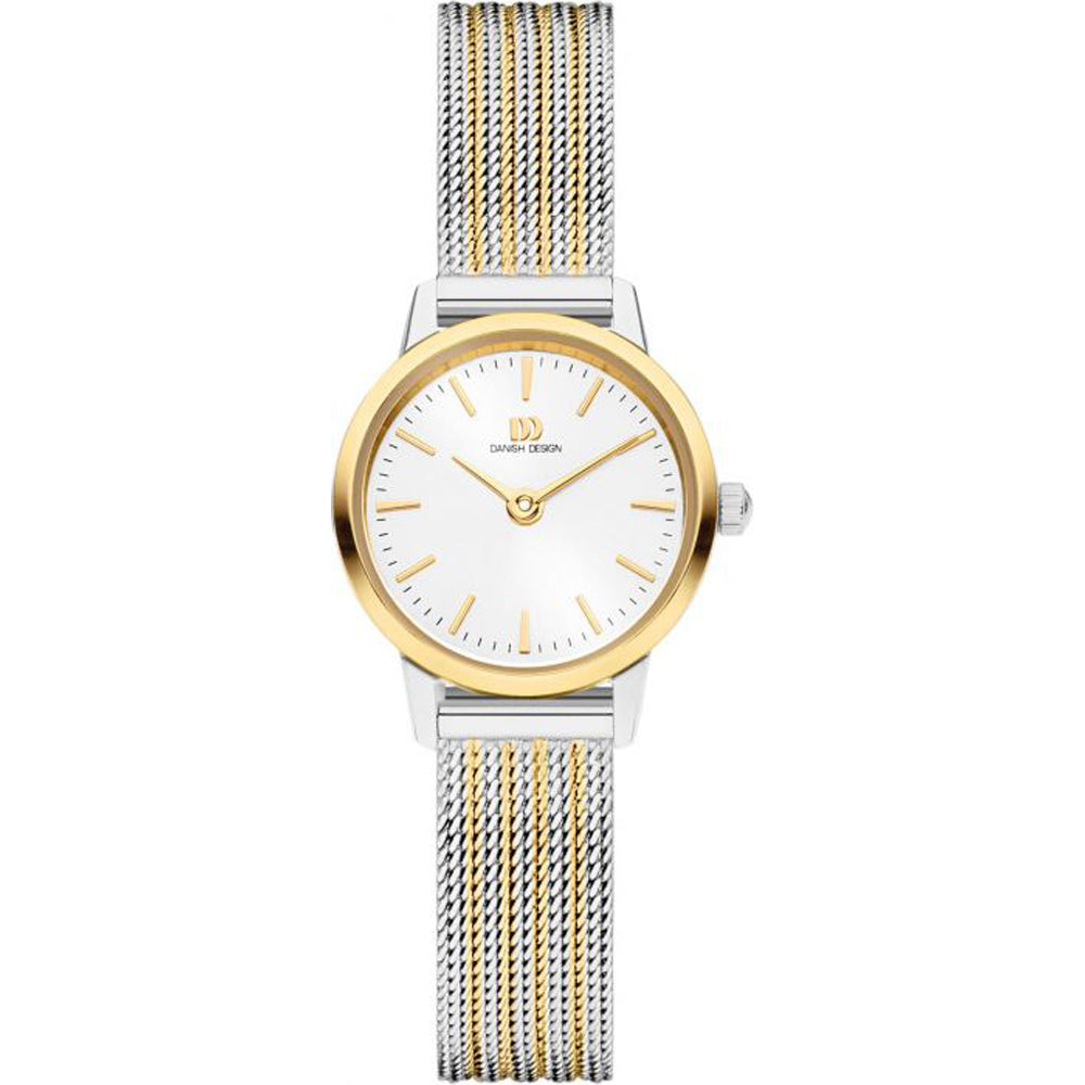 Reloj con esfera blanca, caja dorada y correa de malla plateada y dorada.