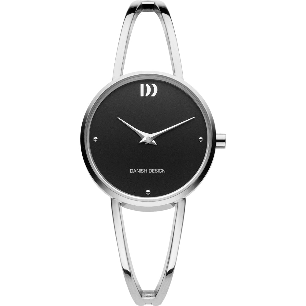 Reloj de esfera negra con correa plateada y diseño minimalista.