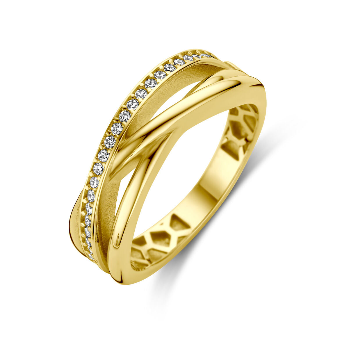 Anillo de oro amarillo de 14K con zircón, diseño trenzado y brillante.