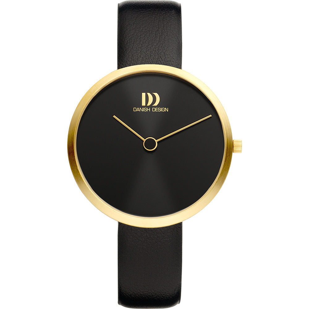 Reloj con esfera negra, caja dorada y correa de cuero negra.