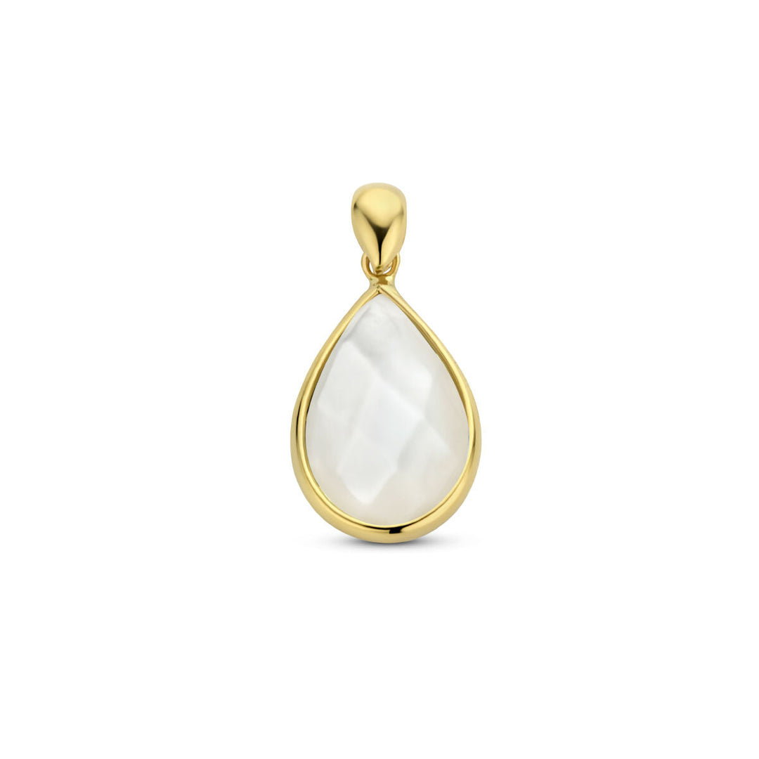 De hanger parelmoer 14K geelgoud van Van der Kooij Collectie heeft een traanvormige facetgeslepen witte steen gezet in een geelgouden montuur, met tijdloze elegantie gepresenteerd op een witte achtergrond.