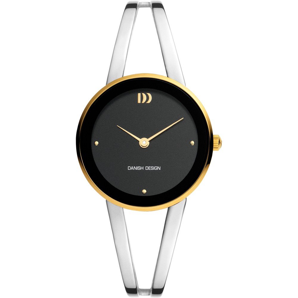 Reloj de mujer con esfera negra, caja dorada y correa plateada, diseño minimalista.