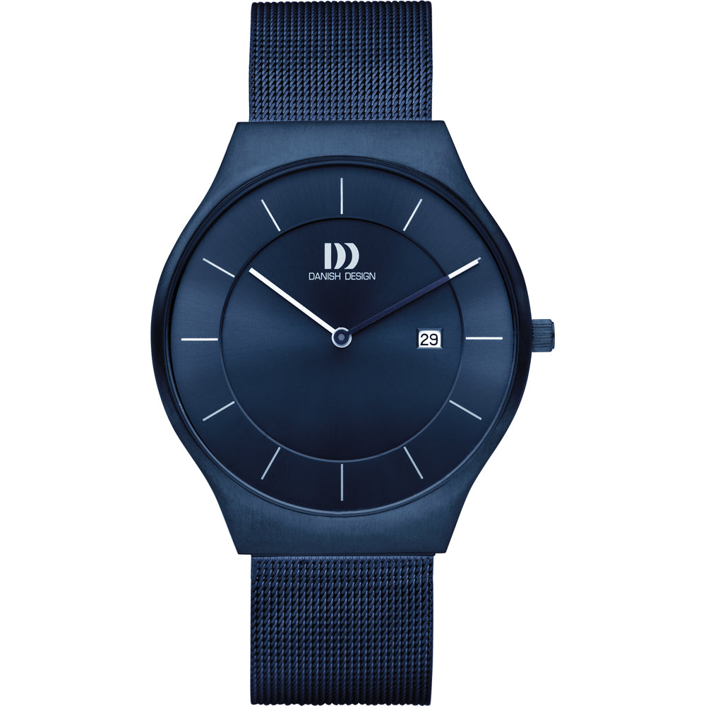 Reloj de esfera azul con correa de malla, diseño minimalista y fecha en la posición de las tres.