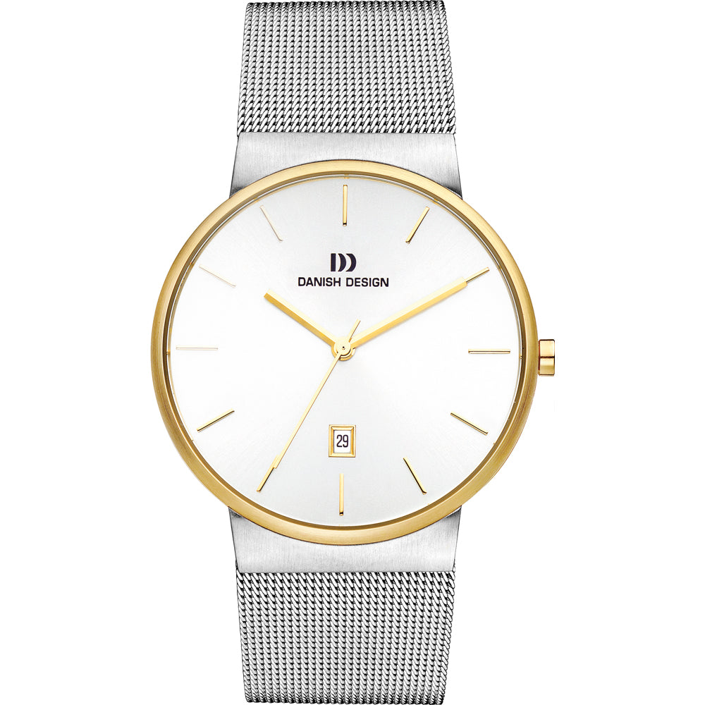 Reloj de esfera blanca con caja dorada y correa de malla plateada, detalle de fecha en la parte inferior.