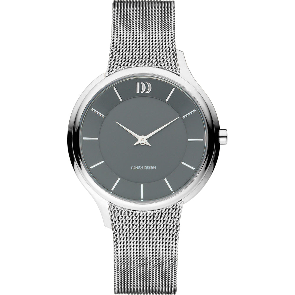 Reloj con esfera gris y correa de malla de acero inoxidable, detalles minimalistas y elegante diseño.