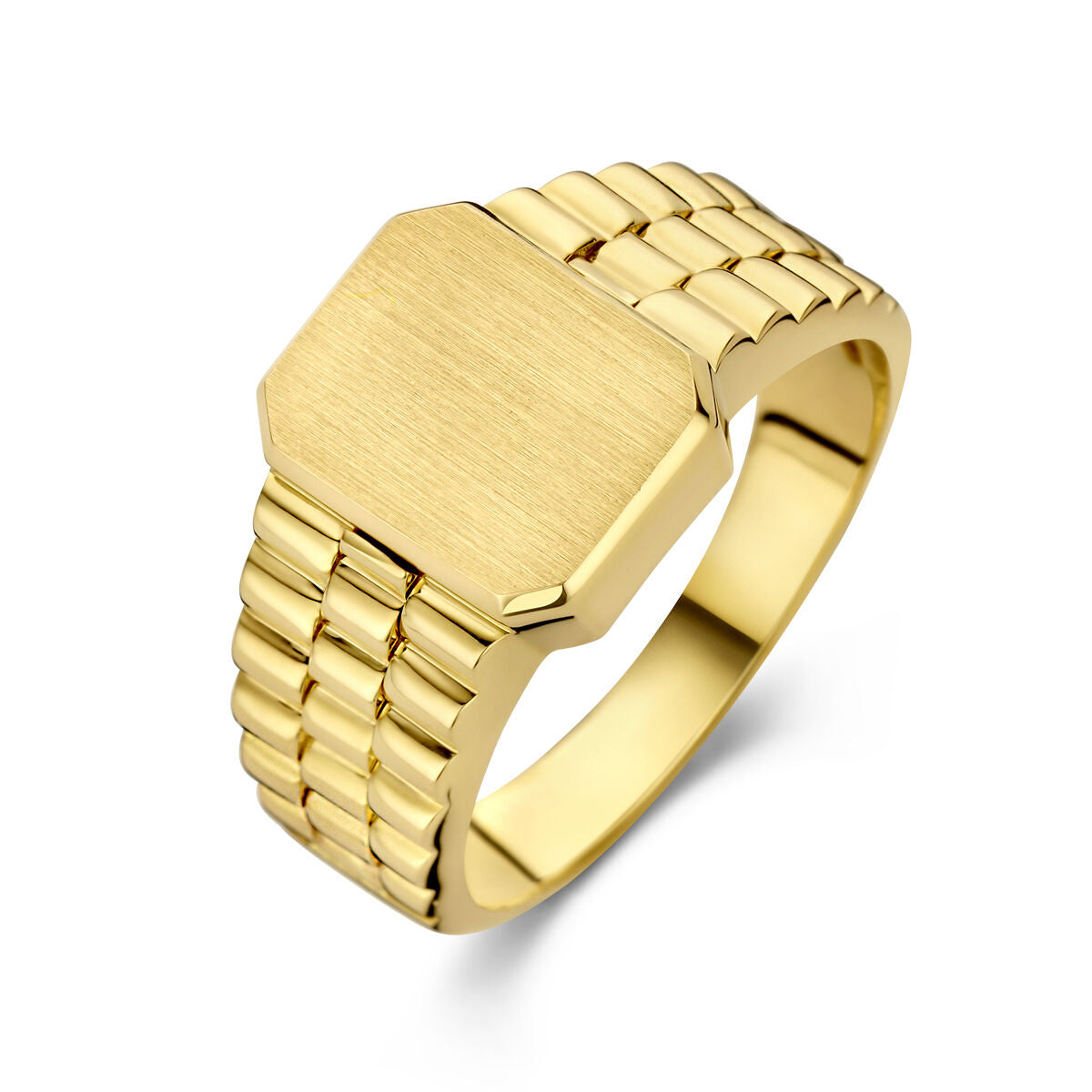 Anillo de 14K en oro amarillo, con acabado mate y diseño hexagonal.