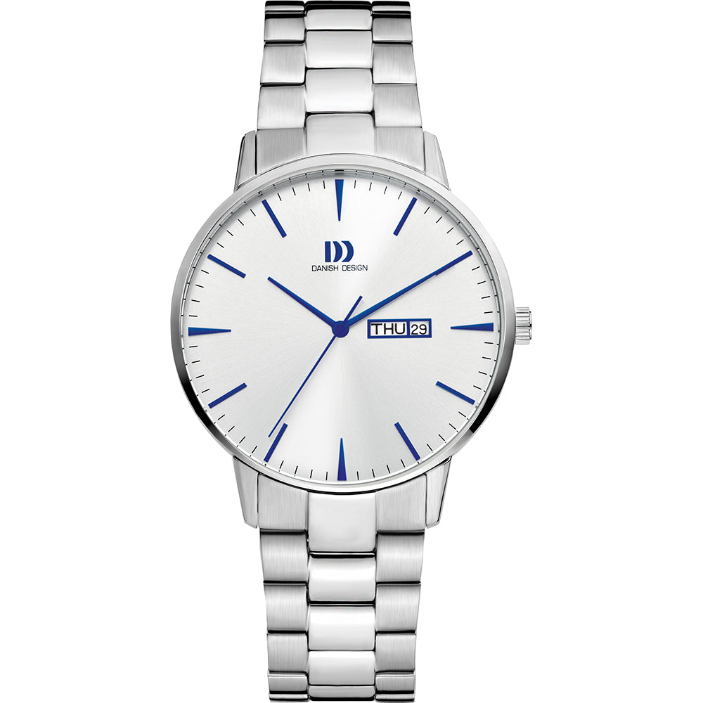 Reloj de esfera plateada con detalles en azul y correa de acero inoxidable.