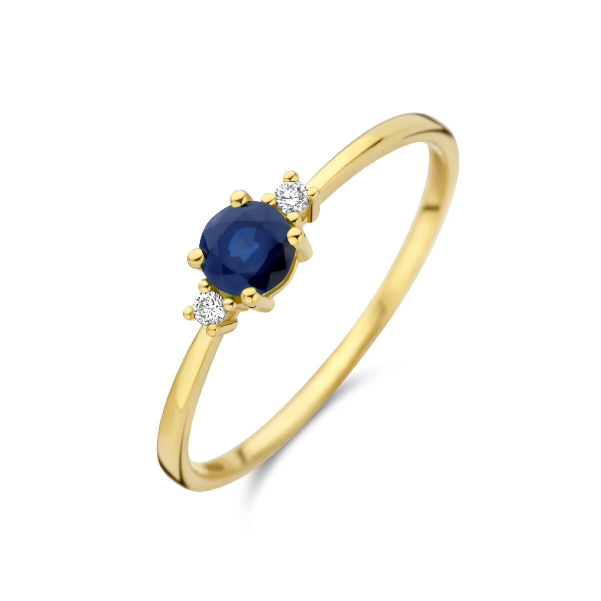 Anillo de trilogía en oro amarillo de 14K con zafiro y diamantes de 0.03ct.
