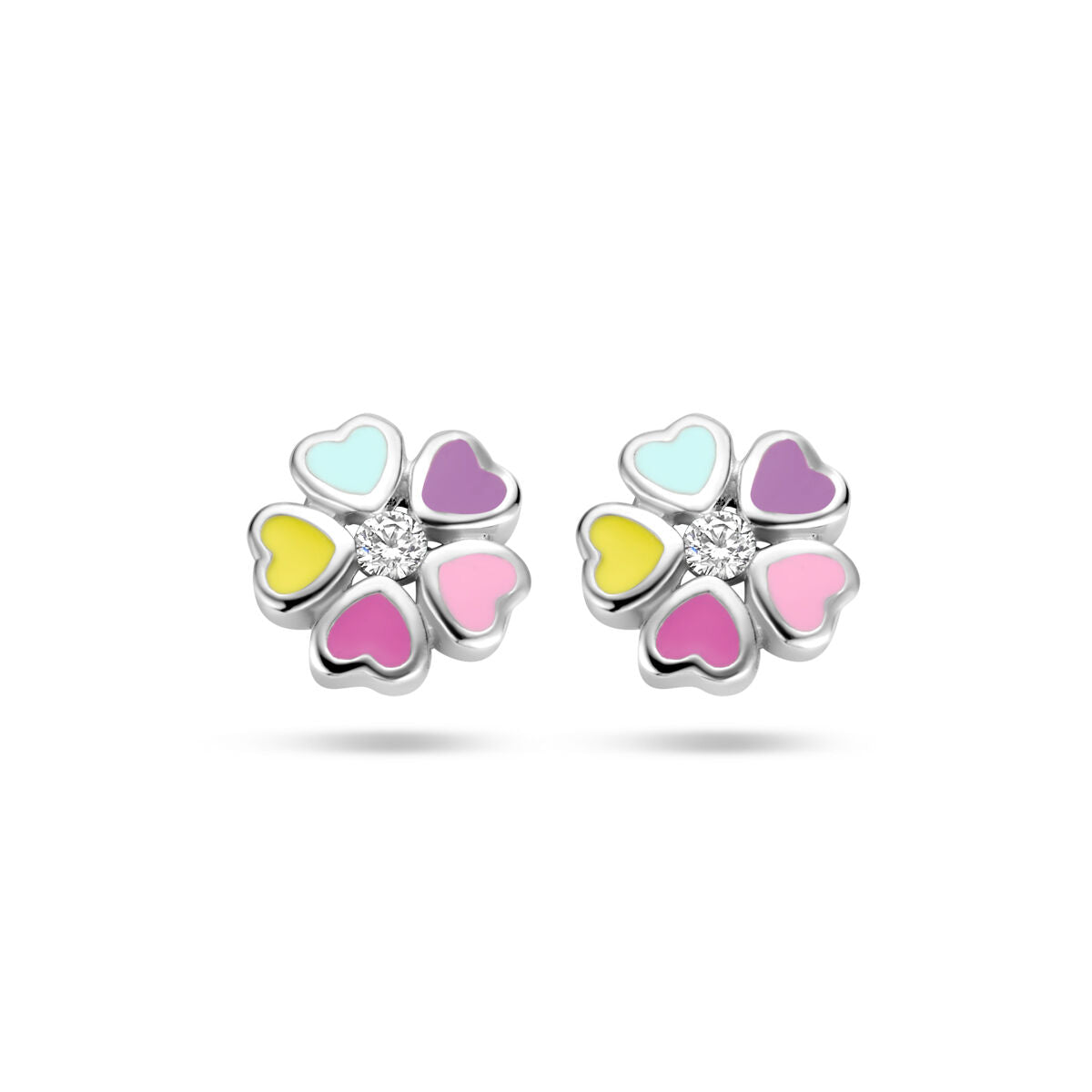 Pendientes de flor con circonitas y acabado en plata rodiada, con pétalos de colores pastel.