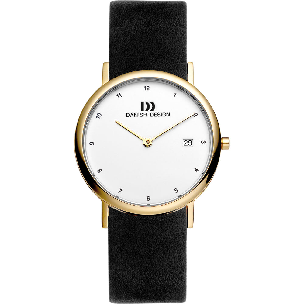 Reloj de esfera blanca con caja dorada y correa de cuero negra.