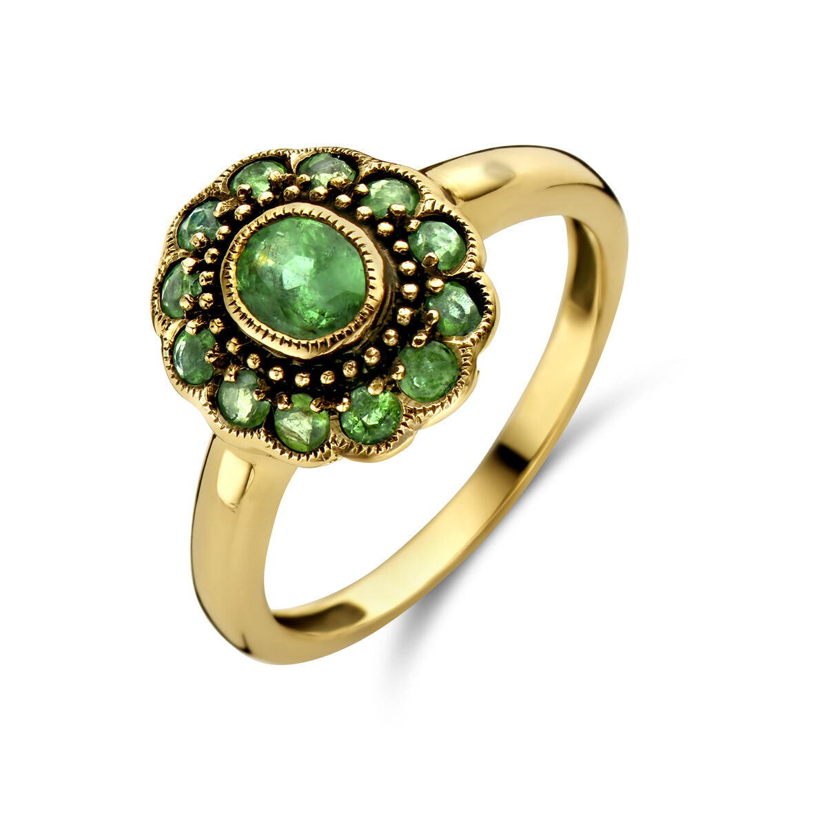Anillo de oro amarillo de 14K con un diseño floral y esmeraldas verdes.