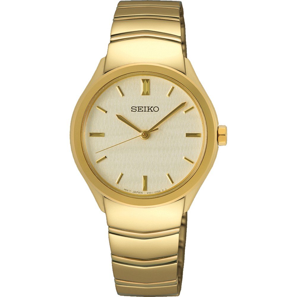 Reloj de señora Seiko con caja dorada, esfera dorada y correa metálica dorada.