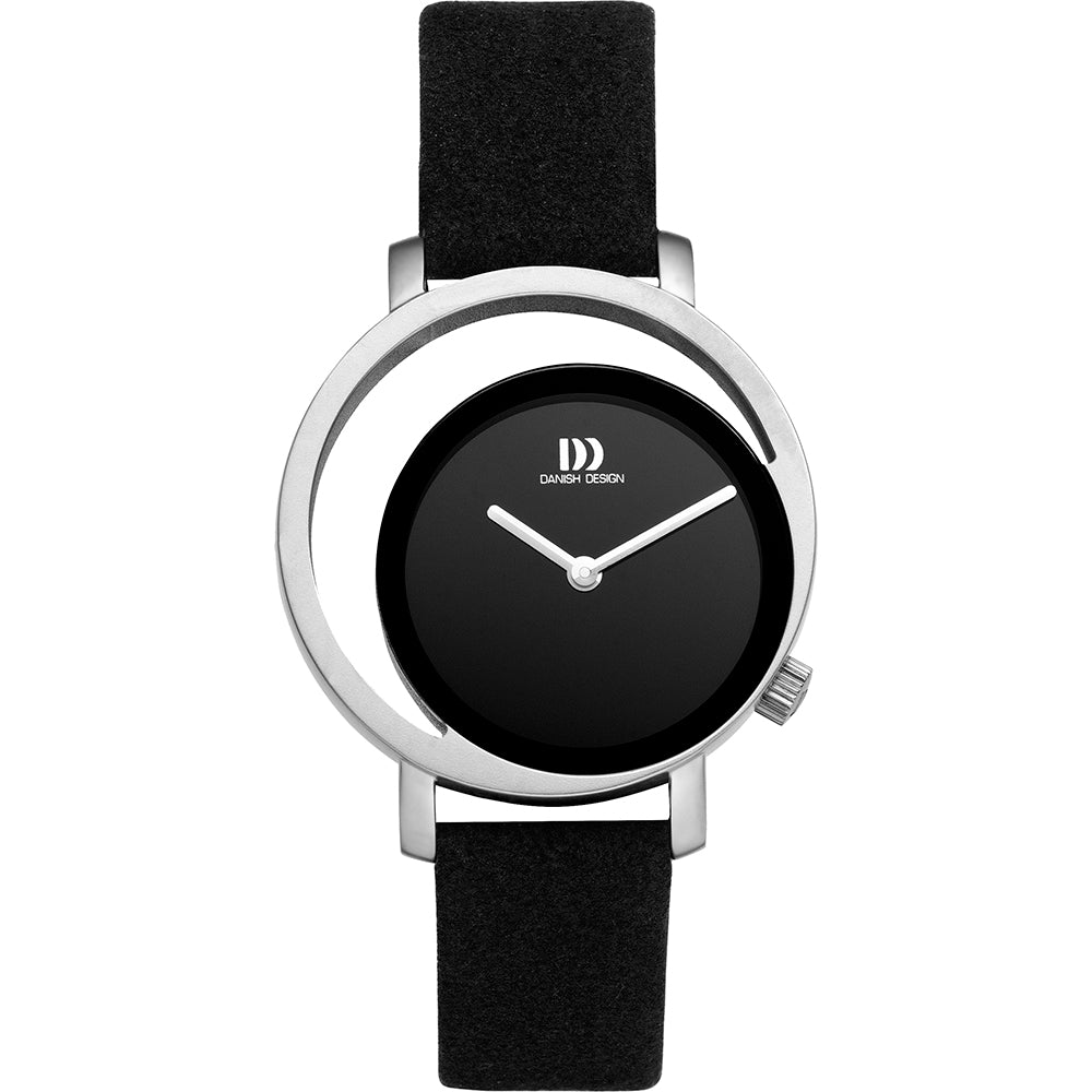 Reloj con esfera negra, caja plateada y correa de cuero negra.