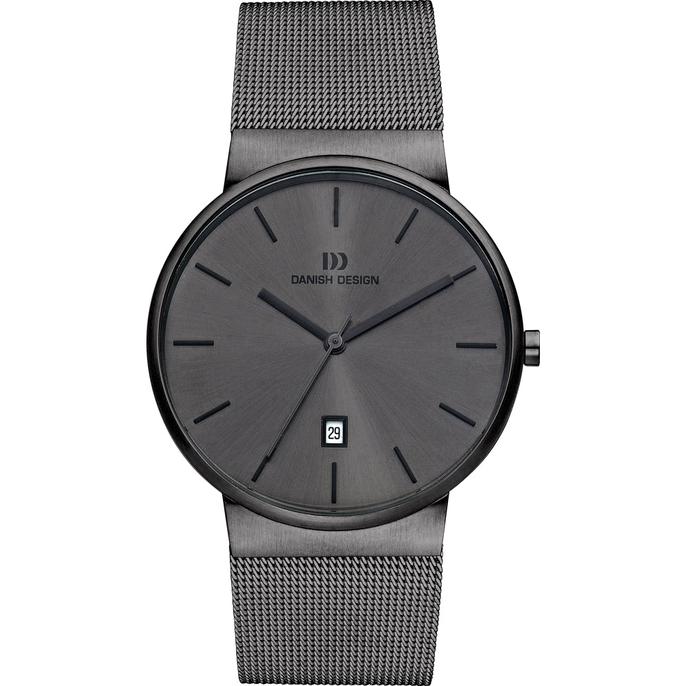 Reloj de esfera gris con correa de malla metálica y fecha en la parte inferior.