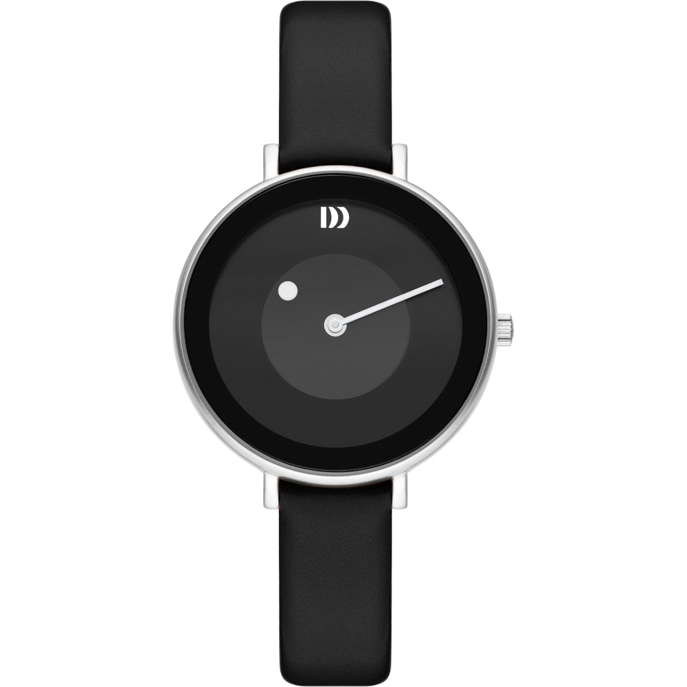 Reloj con esfera negra, correa de cuero negra y detalles plateados en la manecilla.