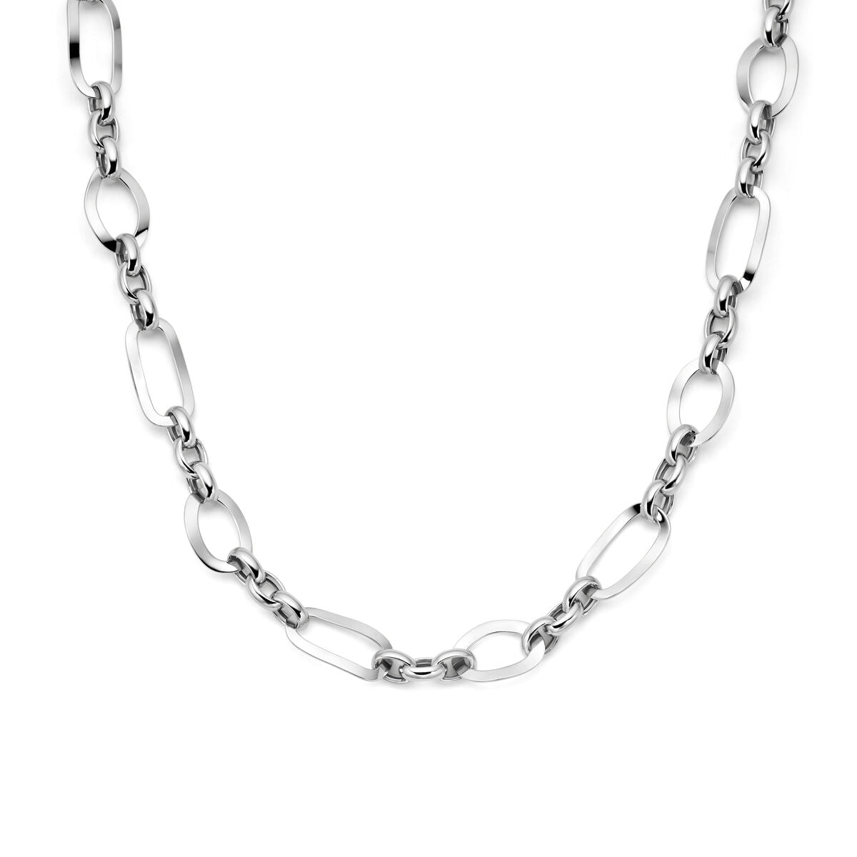 Cadena de plata para dama, con eslabones alargados y acabado rodiado.
