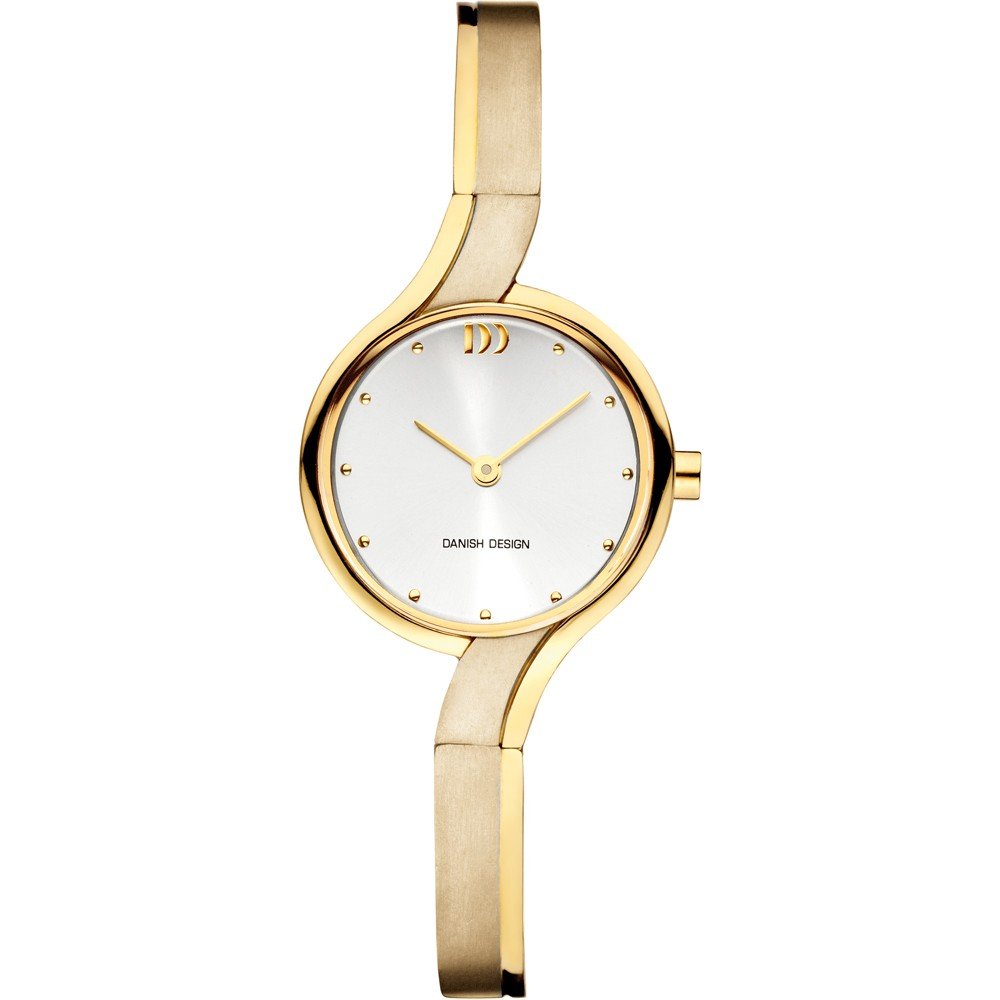 Reloj de esfera blanca con caja dorada y correa metálica, diseño minimalista y elegante.