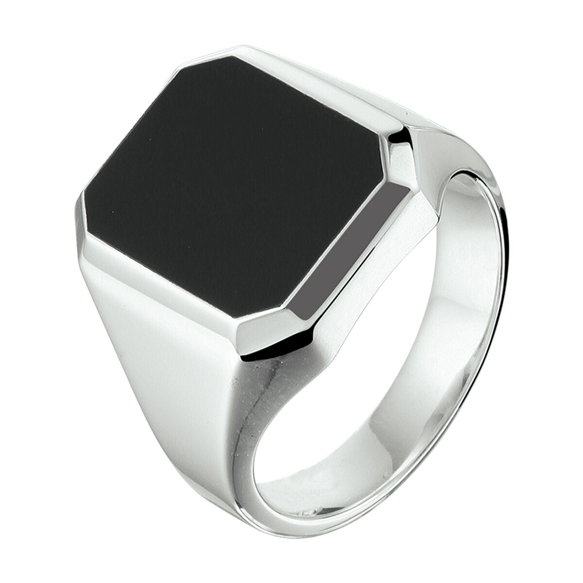 Anillo de sello de plata rhodium con ónix negro, forma octogonal y superficie lisa.