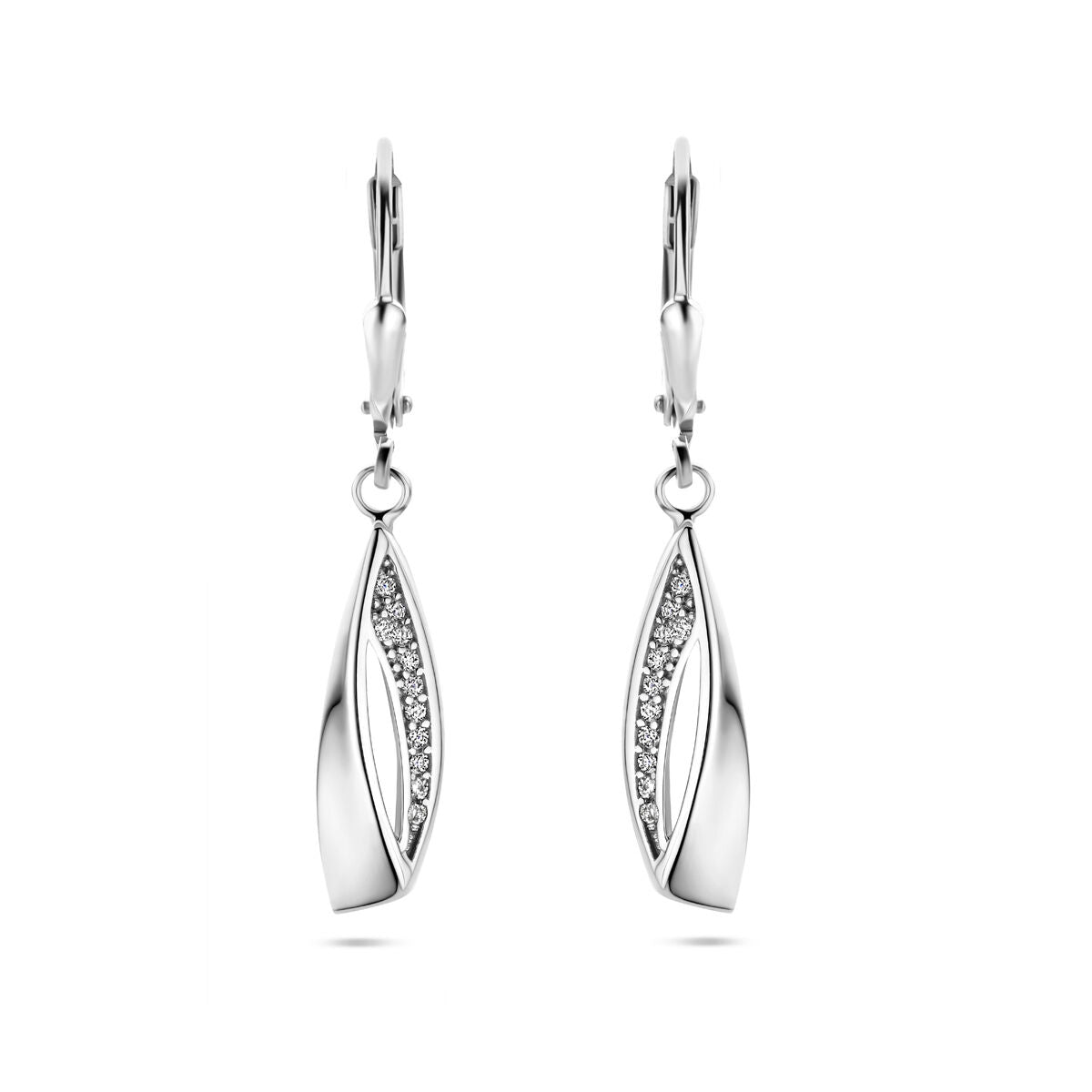Pendientes largos de plata rhodium con zircón en forma de hoja.