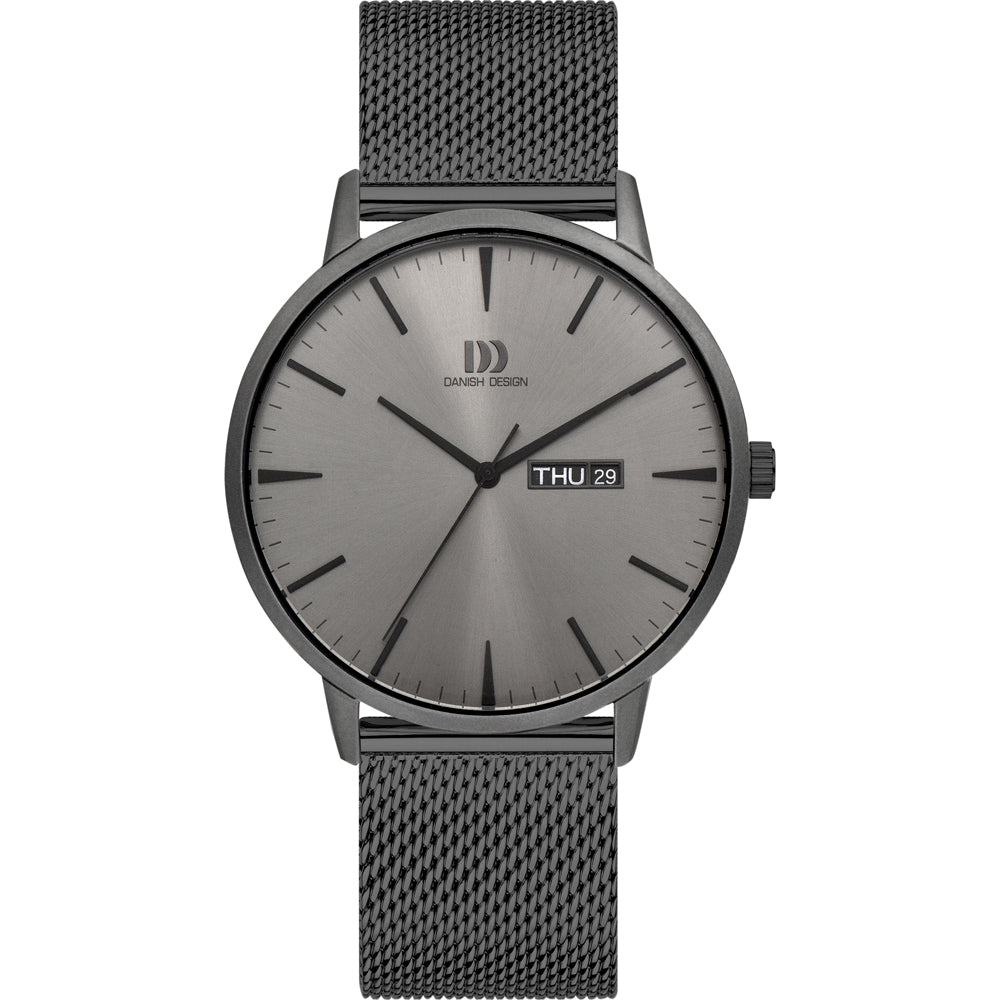 Reloj de esfera gris con correa de malla metálica, marcadores de hora en negro y fecha.
