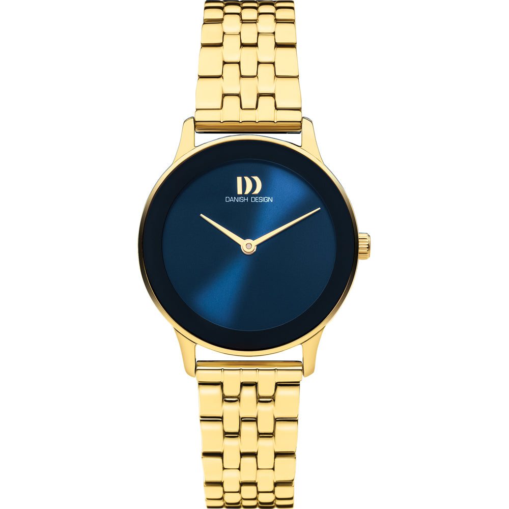 Reloj de esfera azul con correa de metal dorado y diseño minimalista.