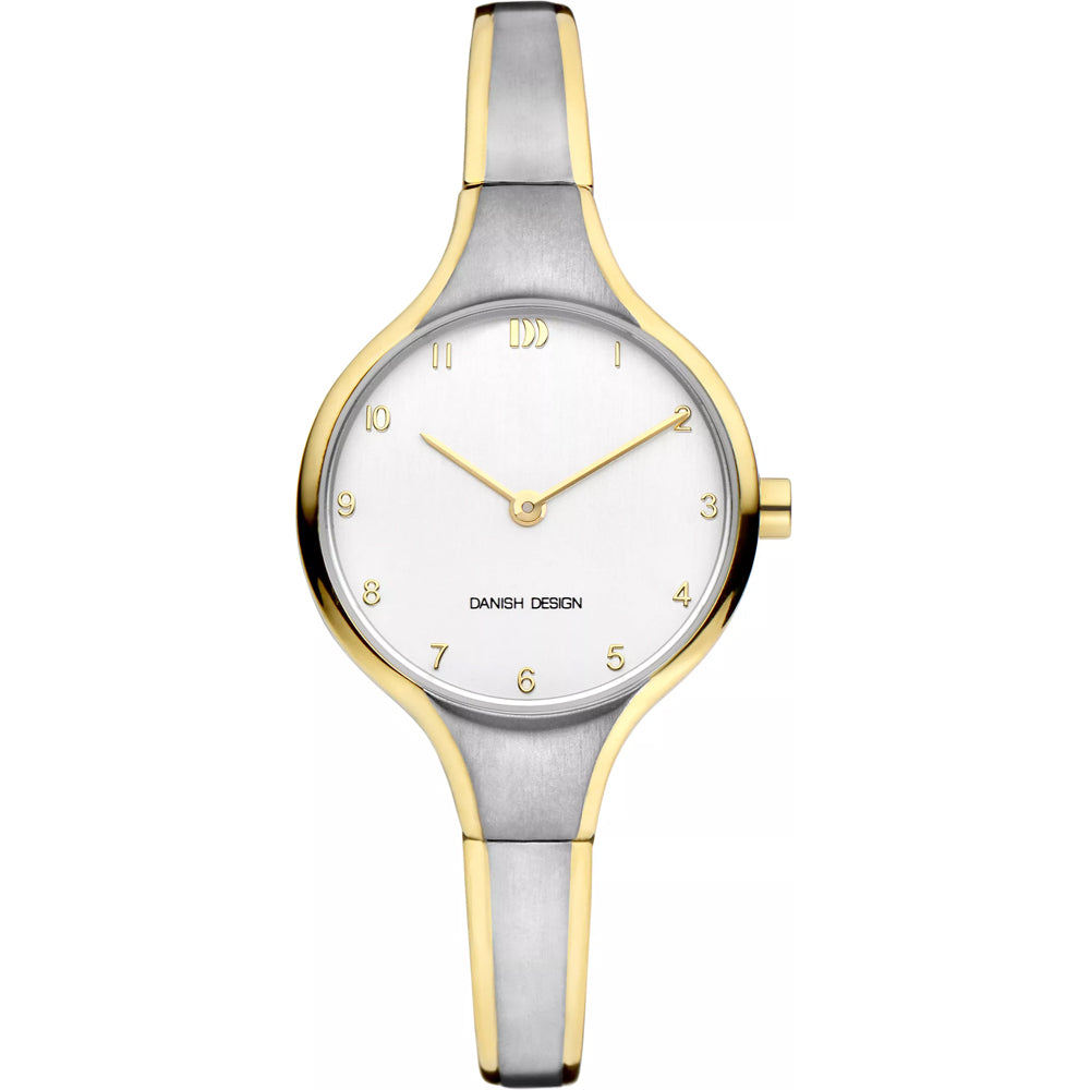 Reloj de esfera blanca con correa metálica dorada y plateada, diseño minimalista y elegante.