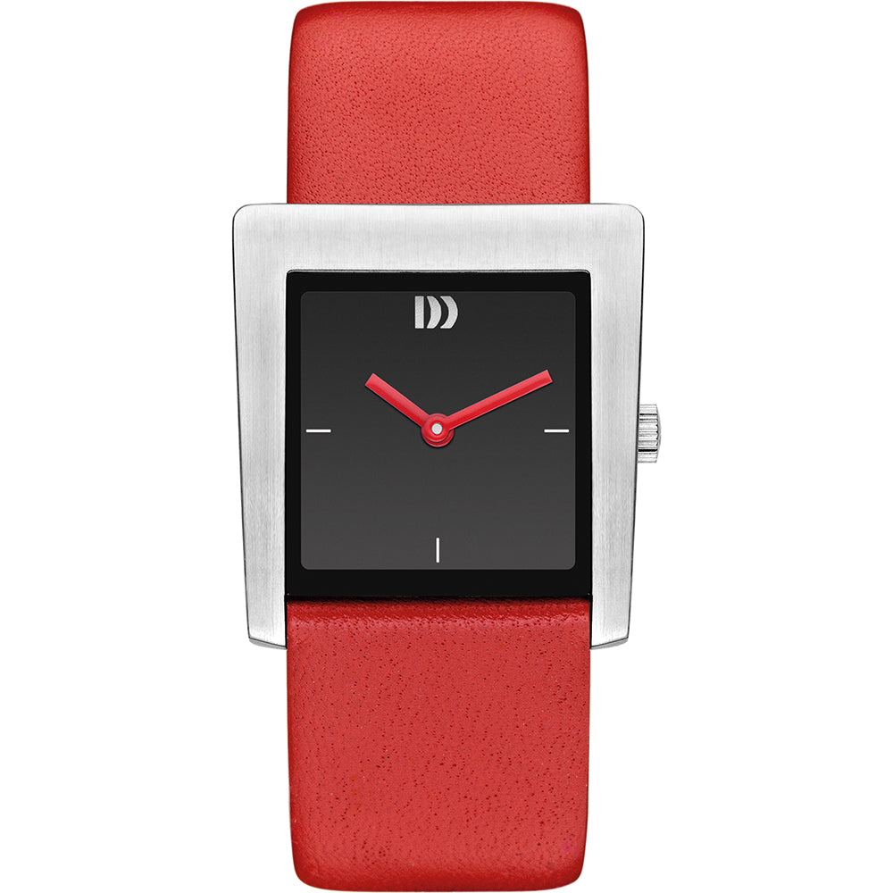 Reloj rectangular con caja plateada, esfera negra y correa de cuero roja.