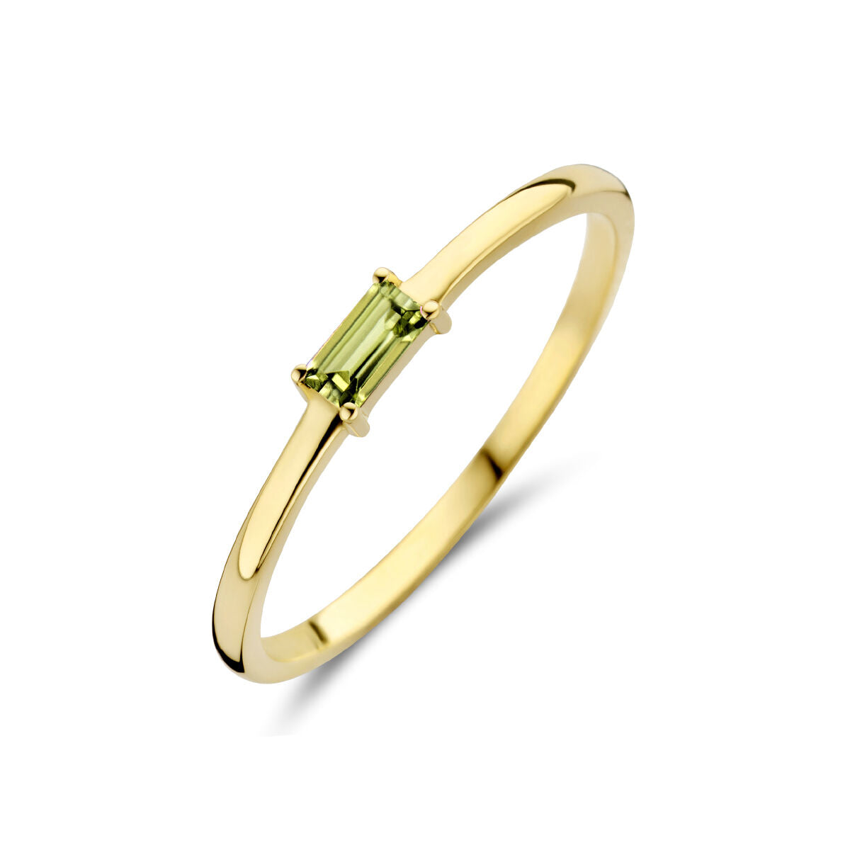 Anillo de oro amarillo de 14K con piedra de nacimiento peridoto en forma rectangular.