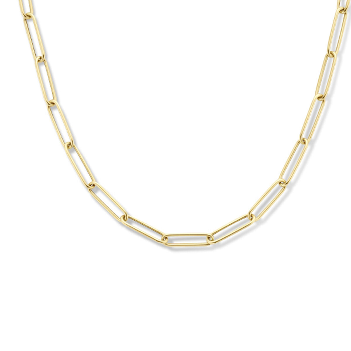 Collar de eslabones tipo paperclip en oro amarillo de 14K, con tubos redondos de 4,0 mm y cierre grande.