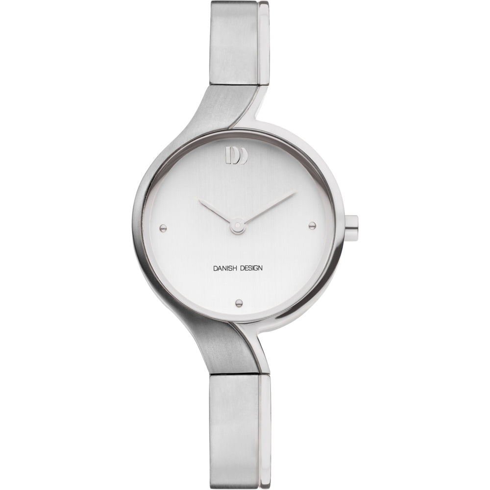 Reloj de esfera plateada con correa de acero inoxidable y diseño minimalista.