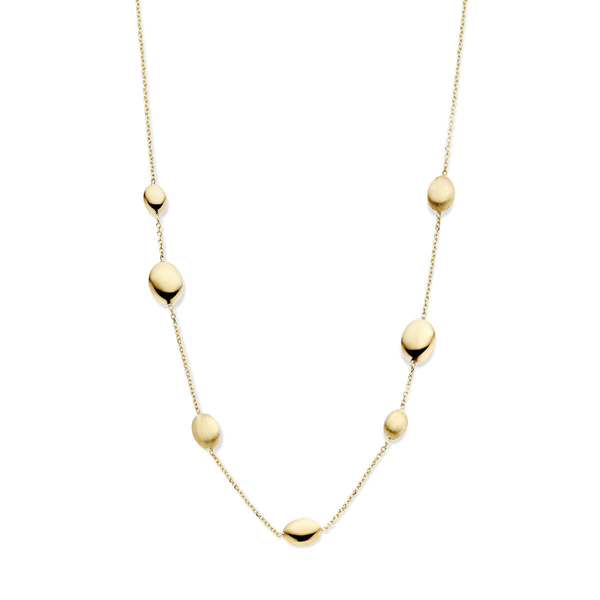 Collar de 43 cm en oro amarillo de 14K con acabado pulido y mate, con formas ovaladas.