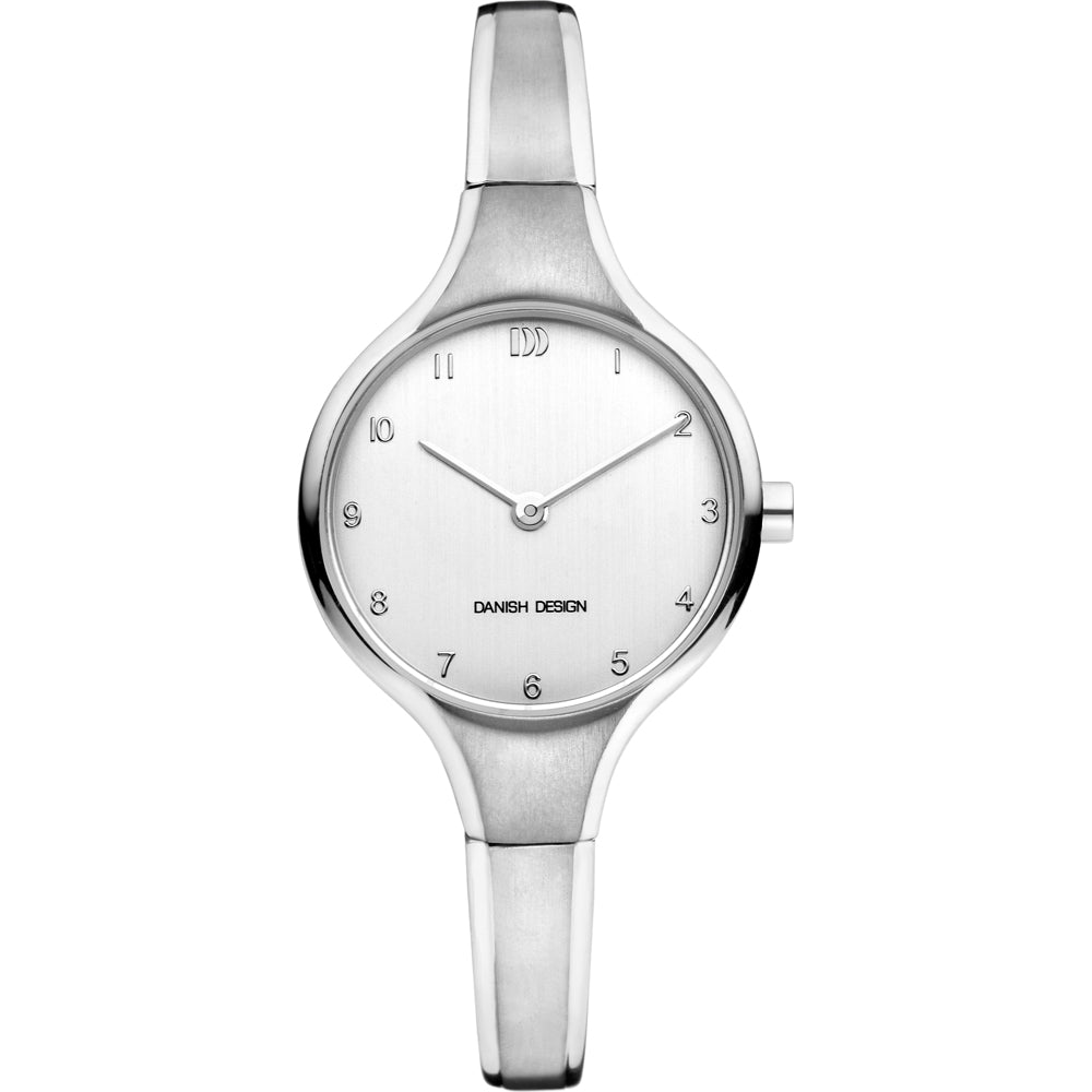 Reloj de esfera plateada con correa metálica y diseño minimalista.