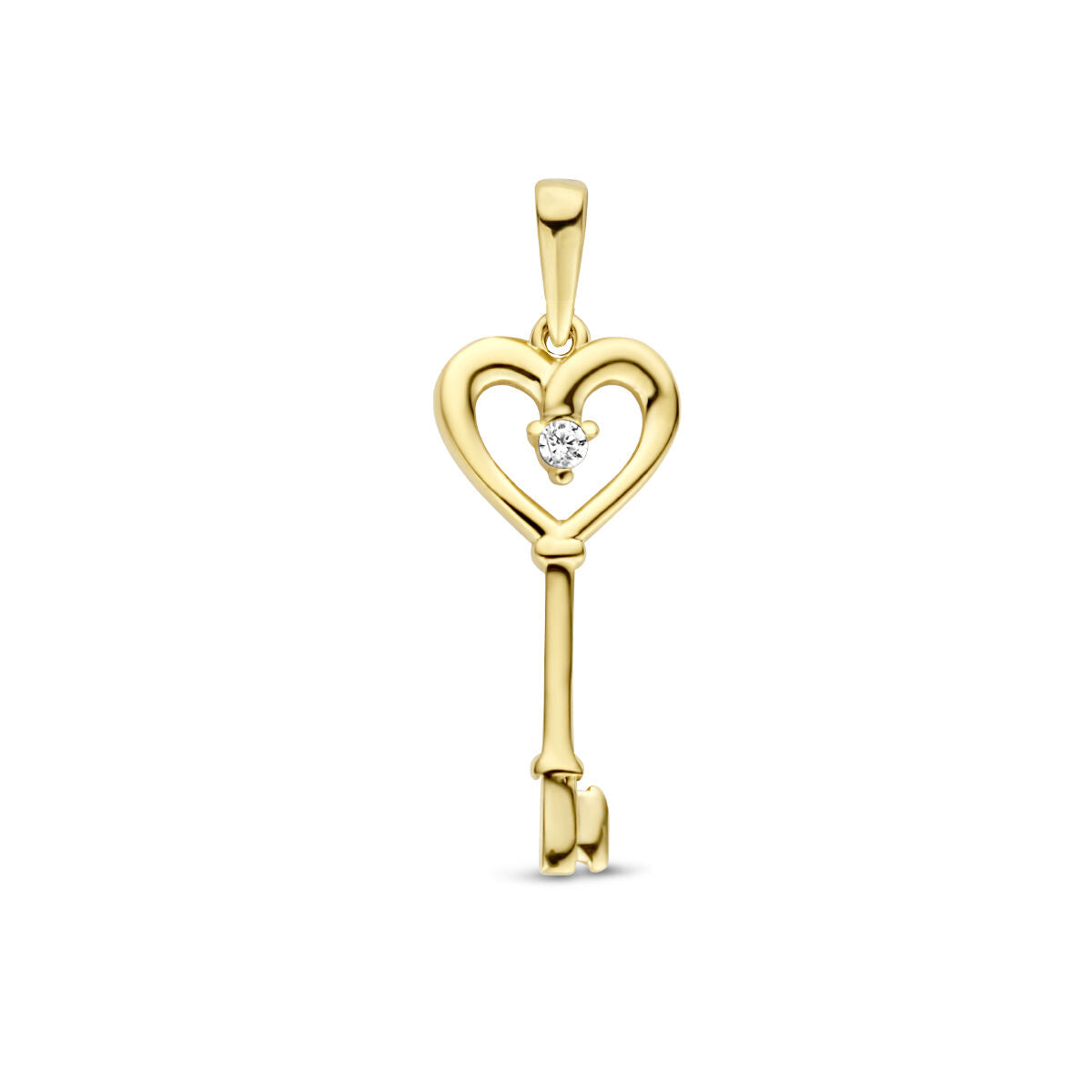 Colgante en forma de corazón con llave, en oro amarillo de 14K, adornado con una zircónia.