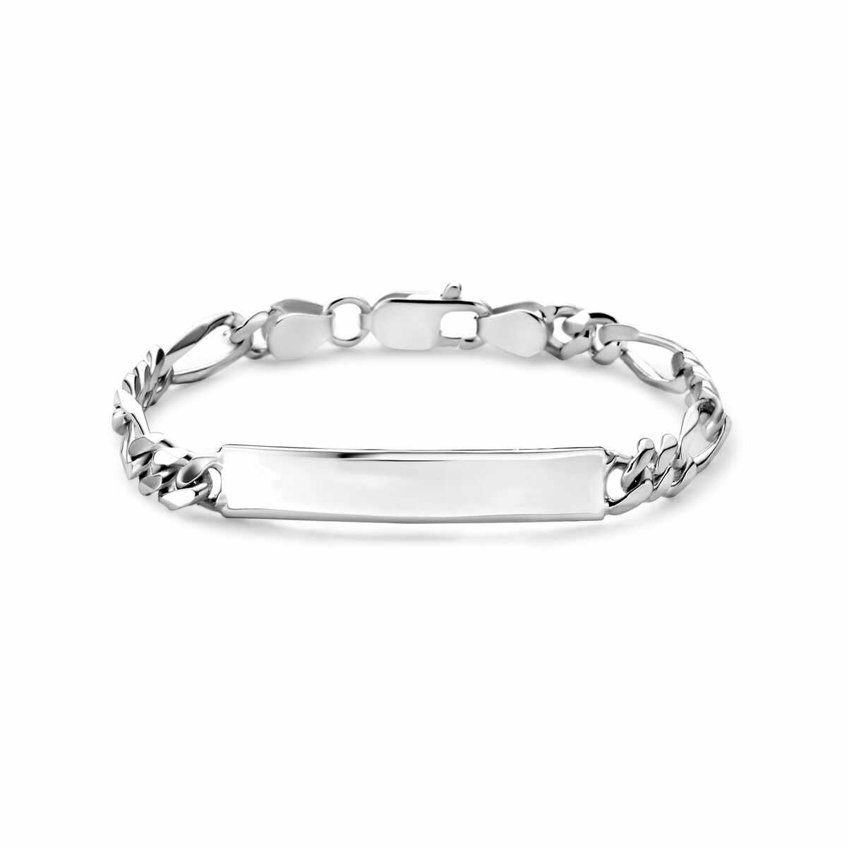 Pulsera de plata blanca tipo figaro con placa para grabar de 8,0 mm.