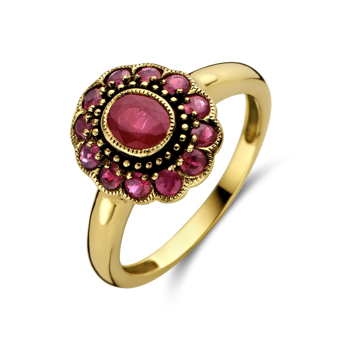 Anillo de rubí en oro amarillo de 14 quilates con diseño floral y piedras preciosas rosas.