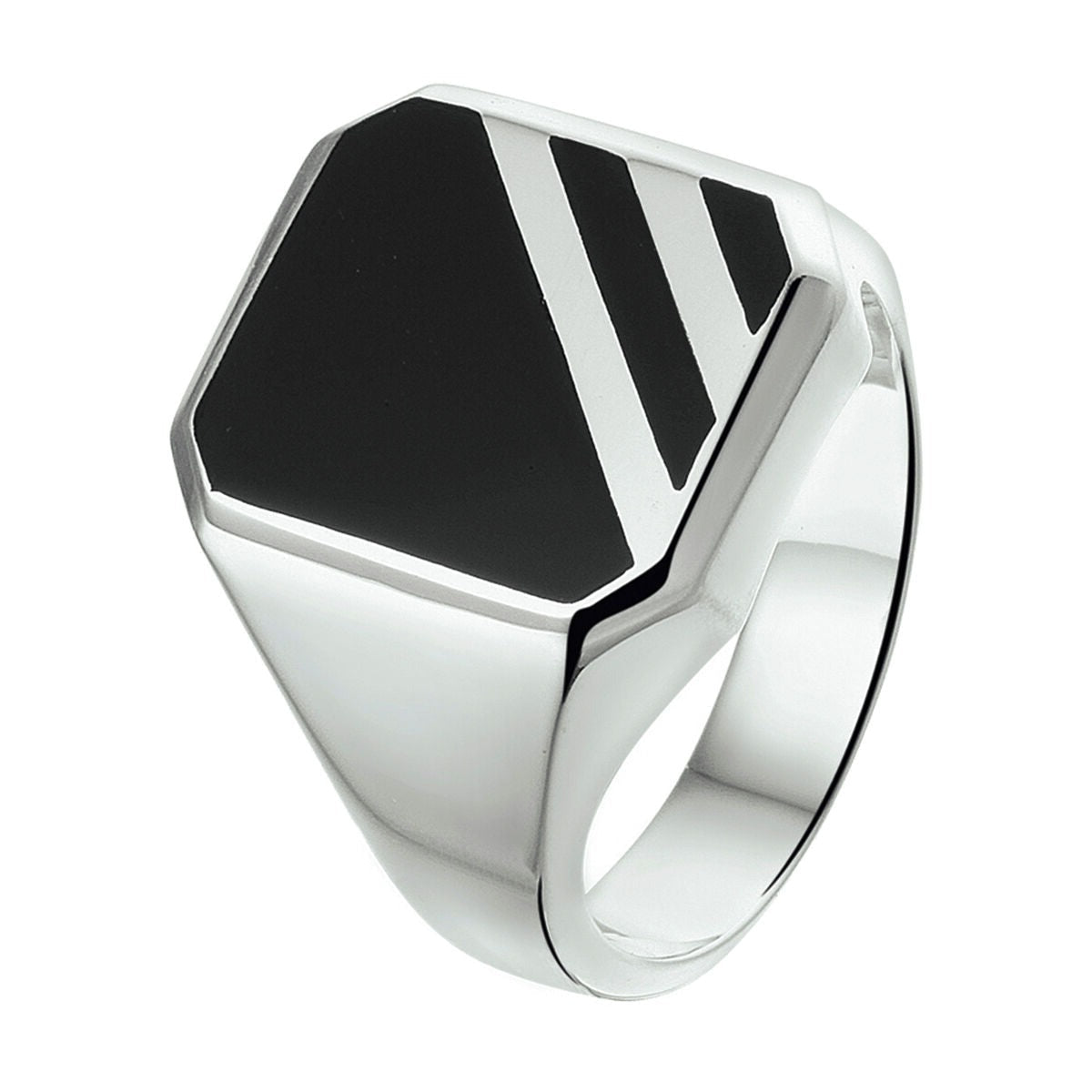 Anillo de sello de ónice macizo con acabado en plata rodiada y diseño hexagonal.