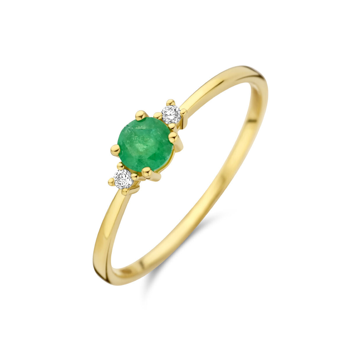 Anillo de trilogía en oro amarillo de 14K con esmeralda ovalada y diamantes de 0.03 ct.