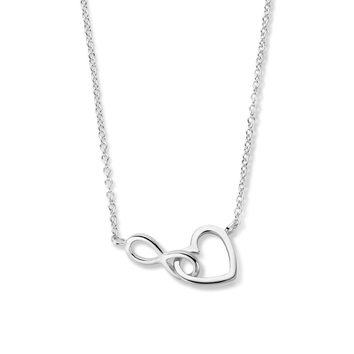 Cadena de plata con colgante en forma de corazón y símbolo de infinito, acabado en rodio.