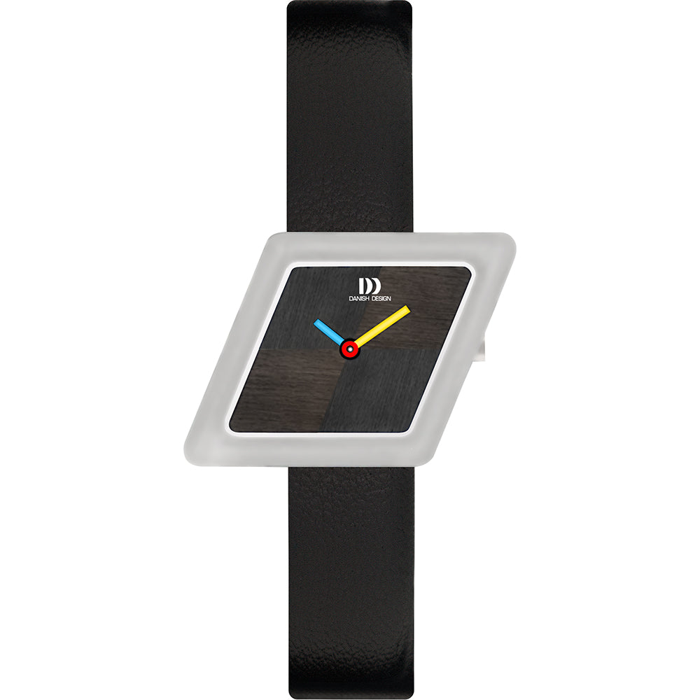 Reloj con caja rectangular blanca, esfera negra y correa de cuero negra, detalles en amarillo, rojo y azul.