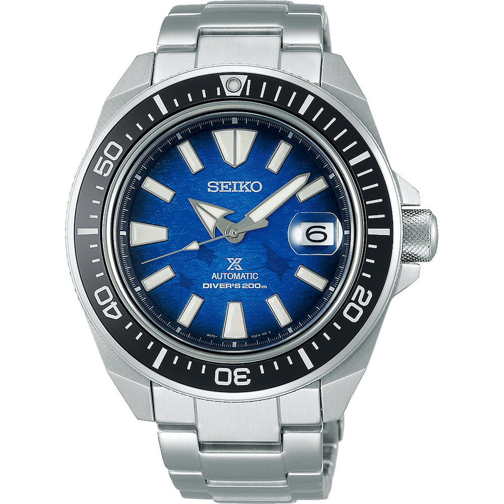 Reloj de buceo automático para hombre Seiko Prospex con esfera azul y correa de acero inoxidable.
