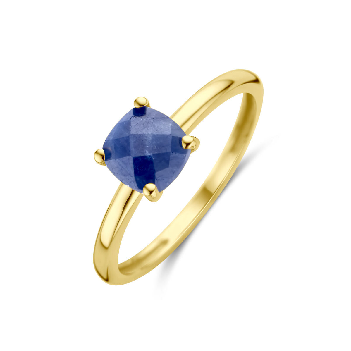 Anillo de zafiro en oro amarillo de 14 quilates con diseño sencillo y piedra facetada.