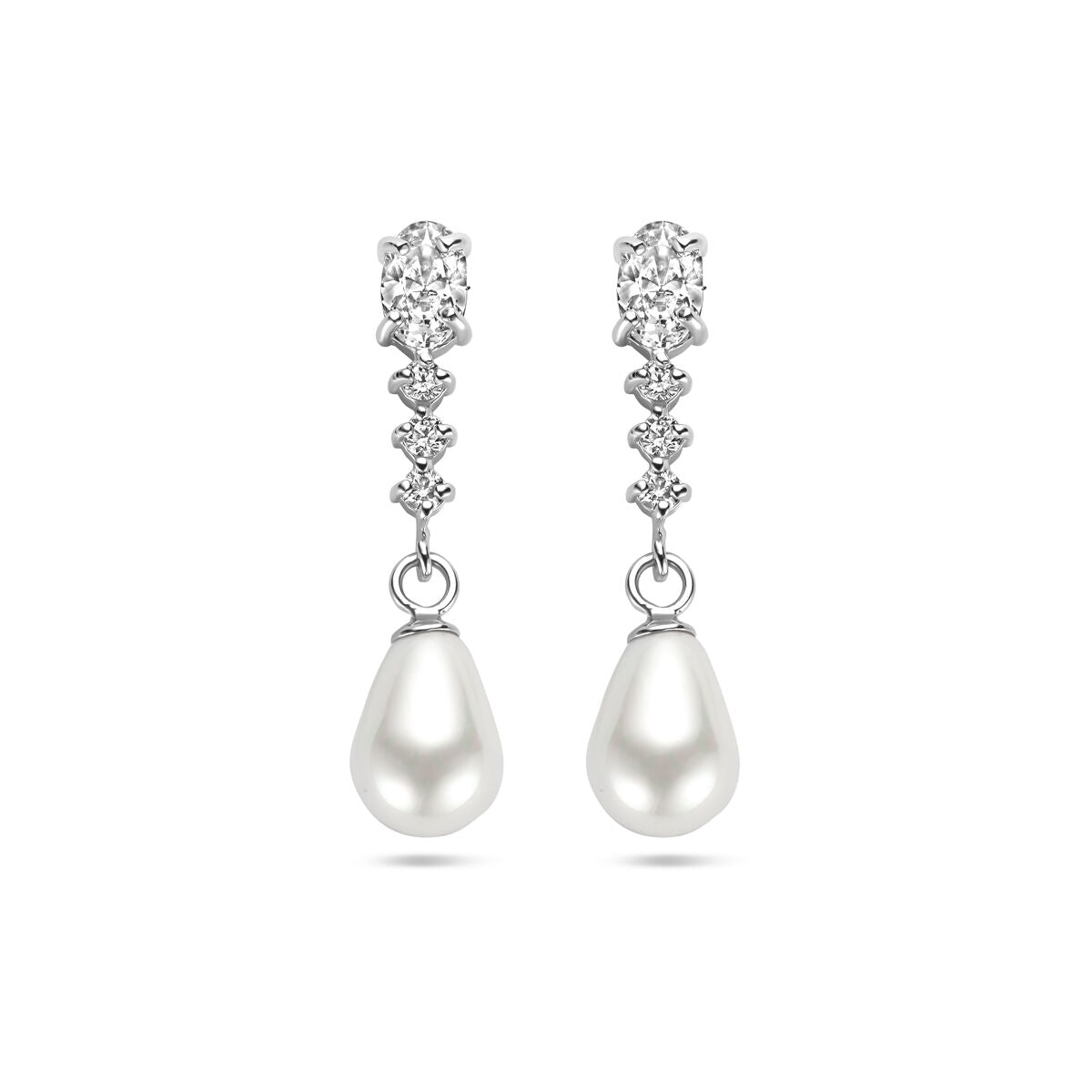 Pendientes largos de zirconia y perla en plata rodiada.