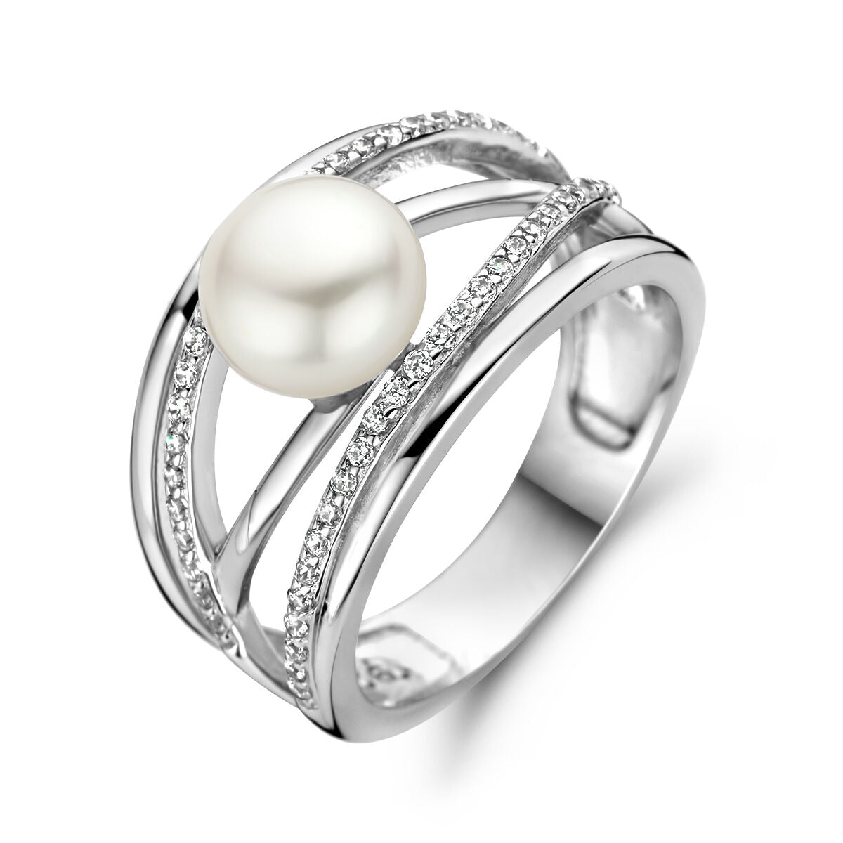 Anillo de plata rodiada con una perla central y detalles brillantes en las bandas.