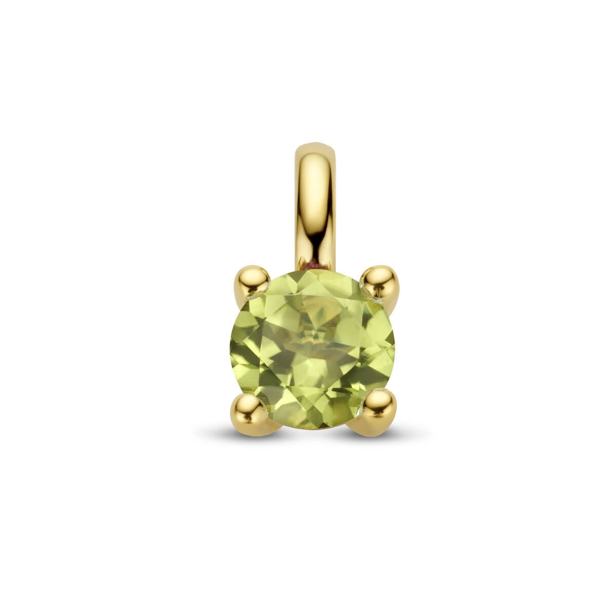 Colgante de peridoto en oro amarillo de 14 quilates con un diseño redondo y engaste de cuatro garras.
