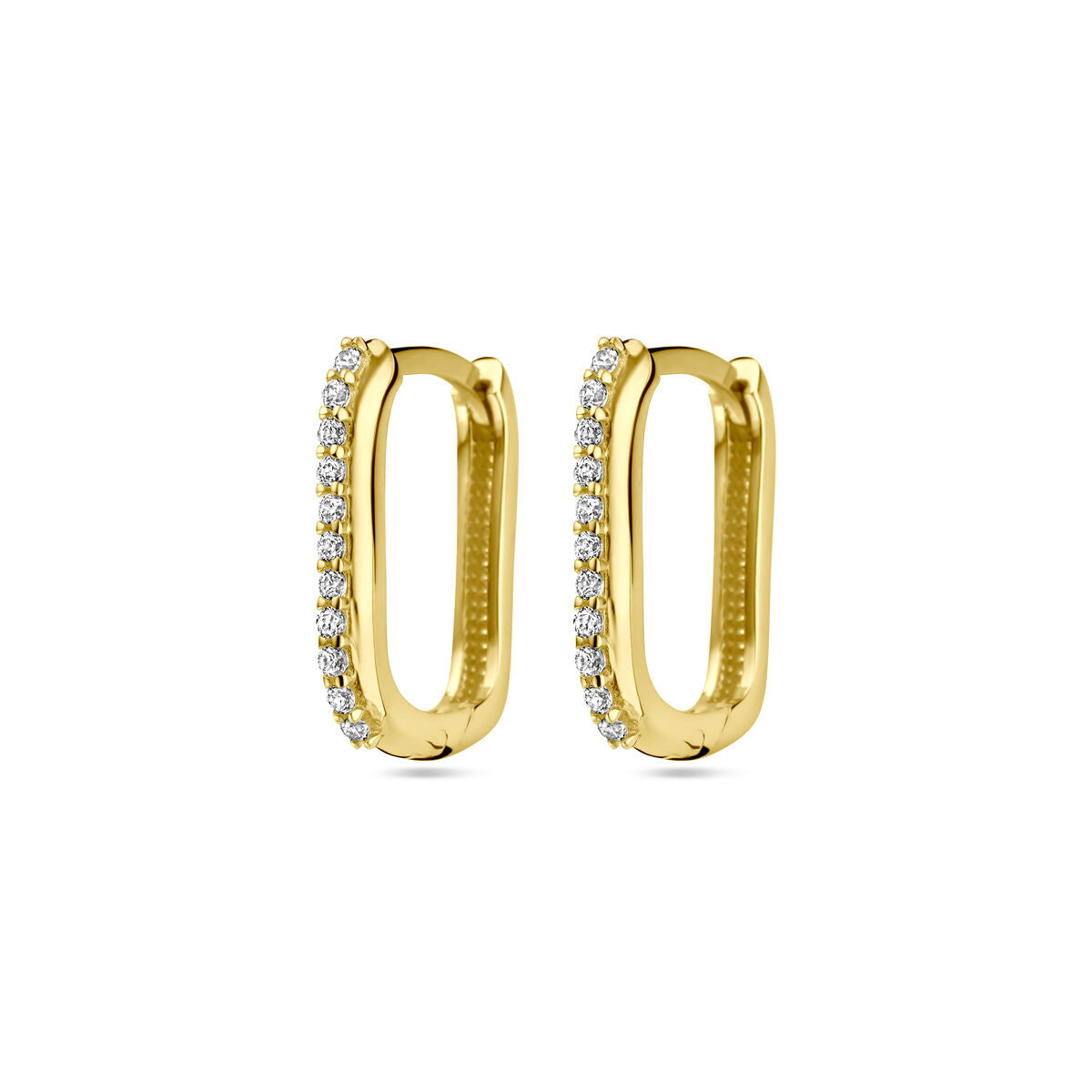 Pendientes de aro de oro amarillo de 14K con circonitas brillantes en un lado.